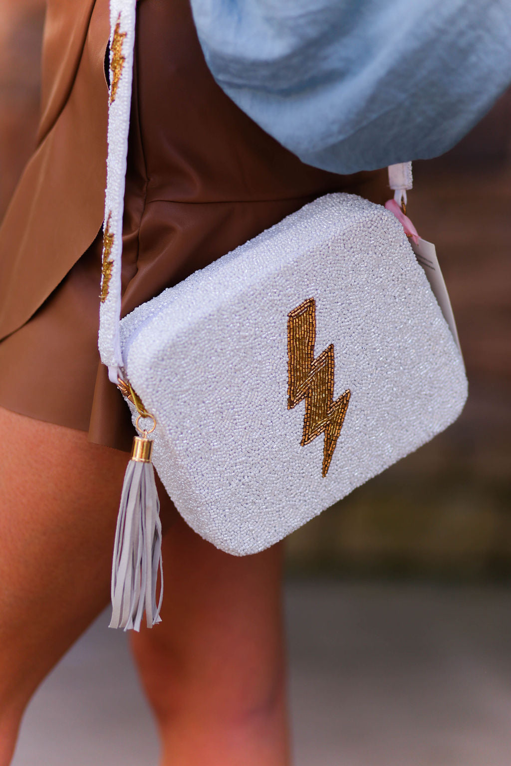 Tiana Designs Beaded Box Purse - Ivory and Gold Lightning Bolt