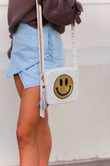 Tiana Designs Beaded Box Purse - Ivory Smiley Face