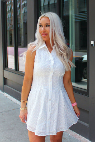 White Eyelet Floral Button Down Mini Dress