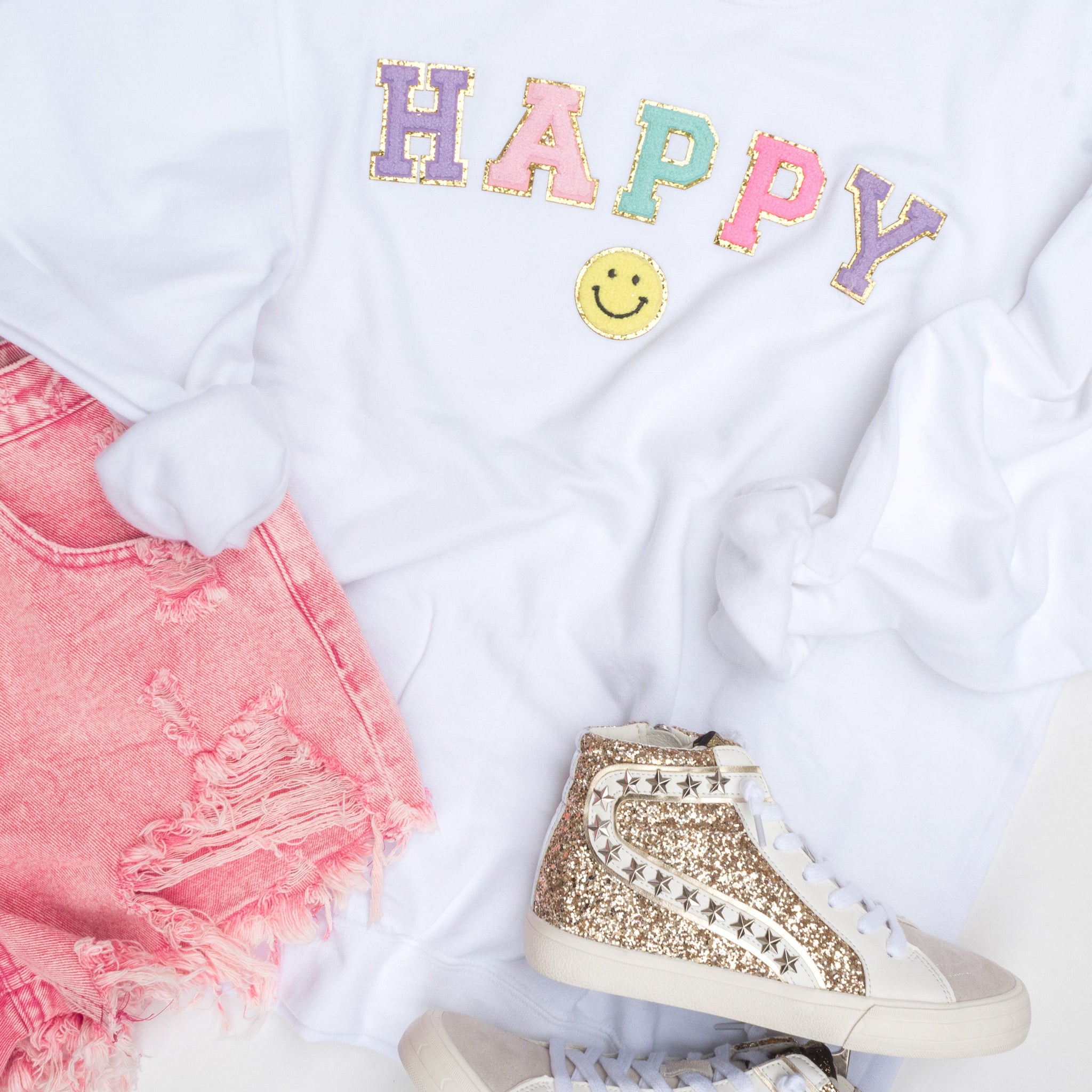 White Happy Letter Patch Crewneck