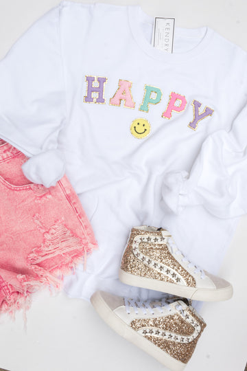 White Happy Letter Patch Crewneck