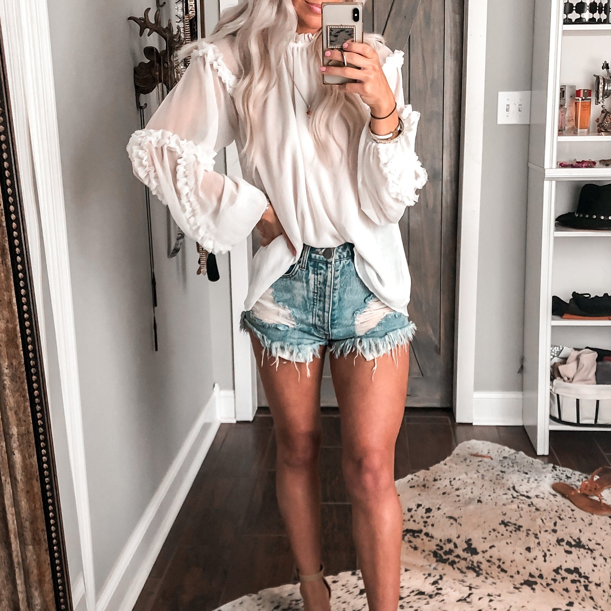 White Long Sleeve Sheer Ruffle Blouse