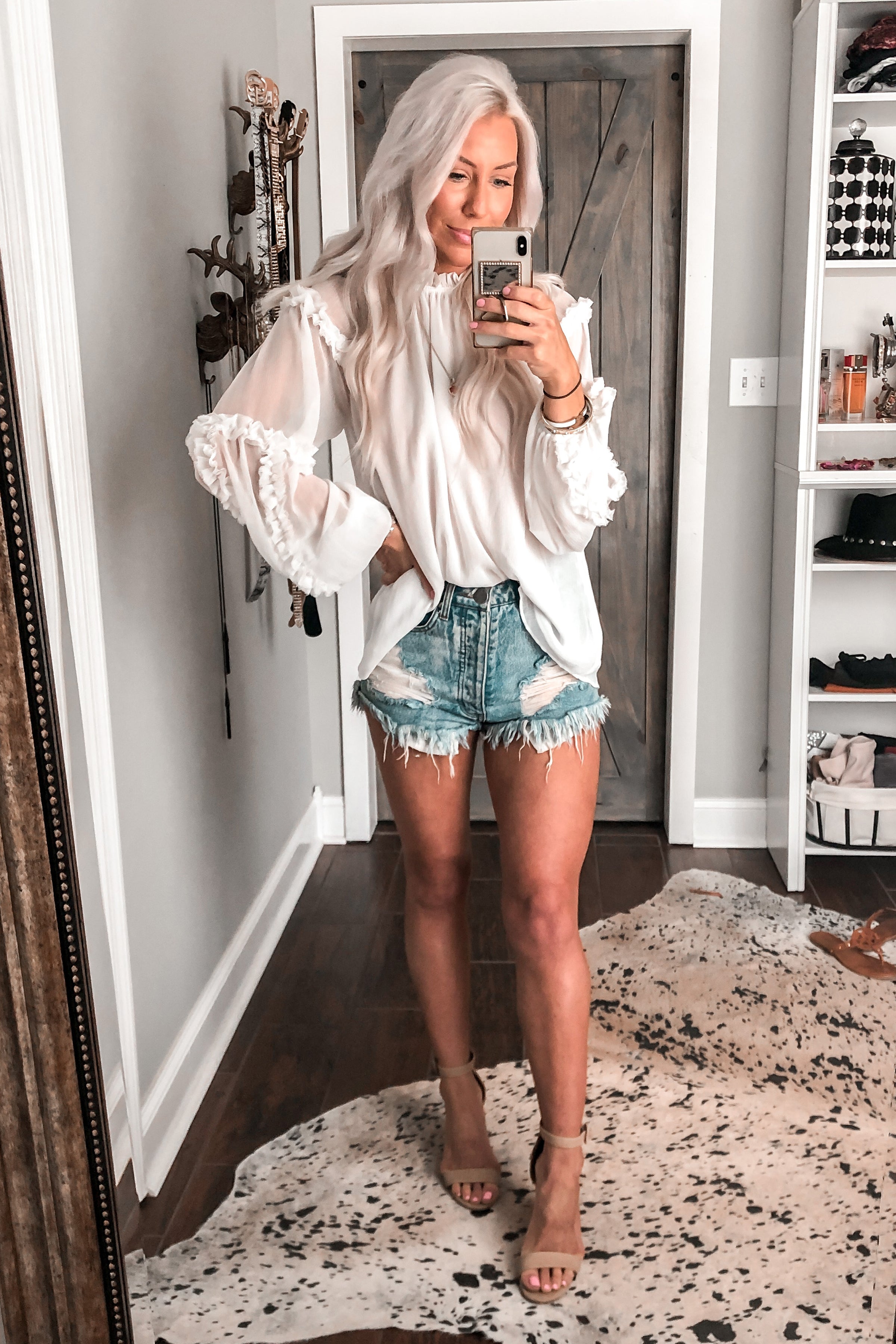 White Long Sleeve Sheer Ruffle Blouse