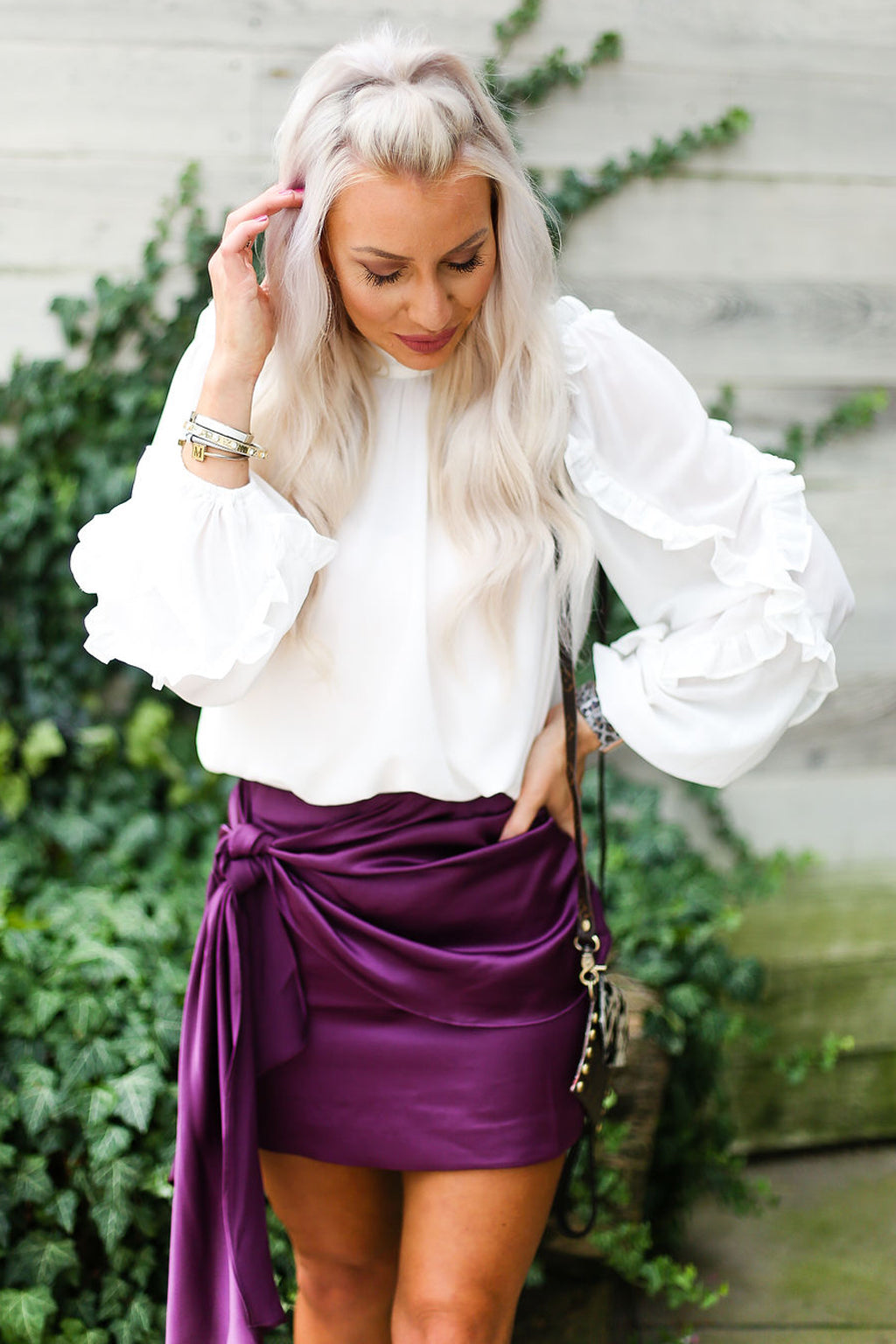 White Long Sleeve Sheer Ruffle Blouse With Button Up Back