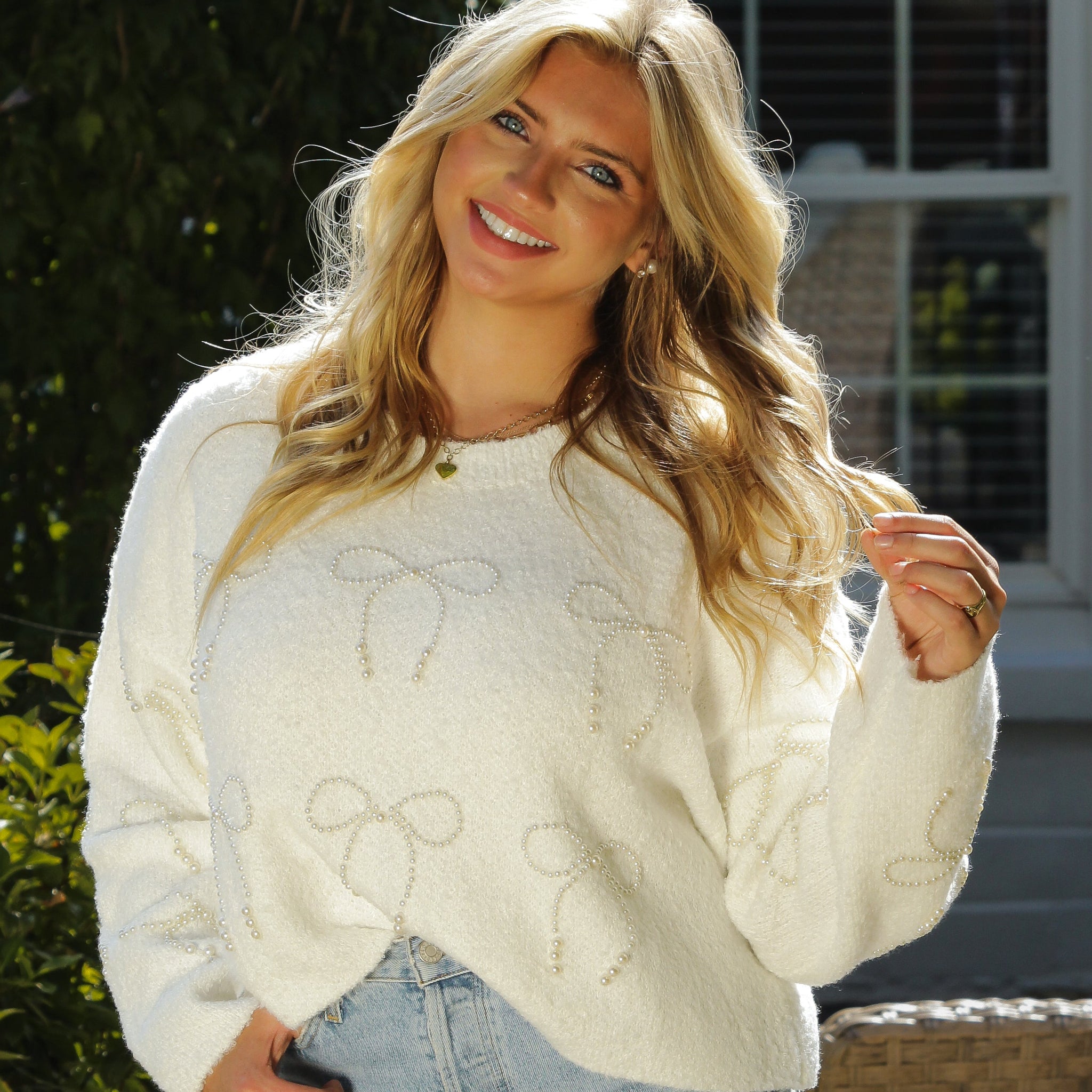 White Pearl Bow Cropped Sweater