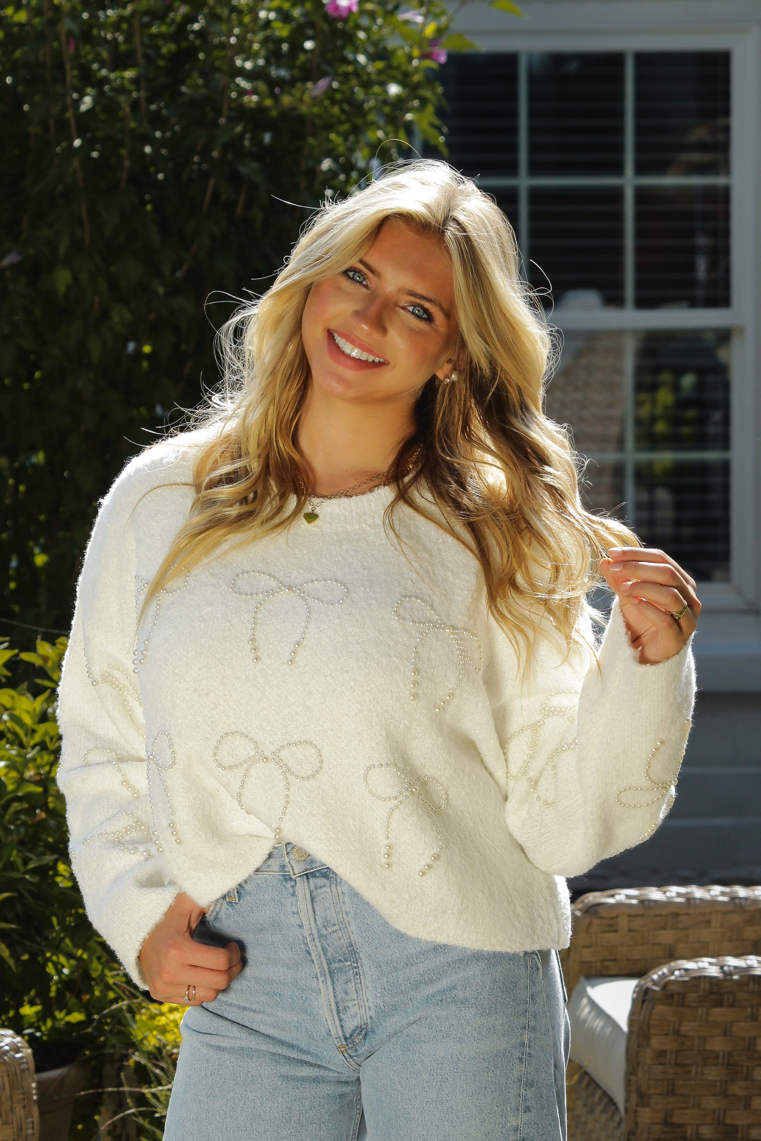 White Pearl Bow Cropped Sweater