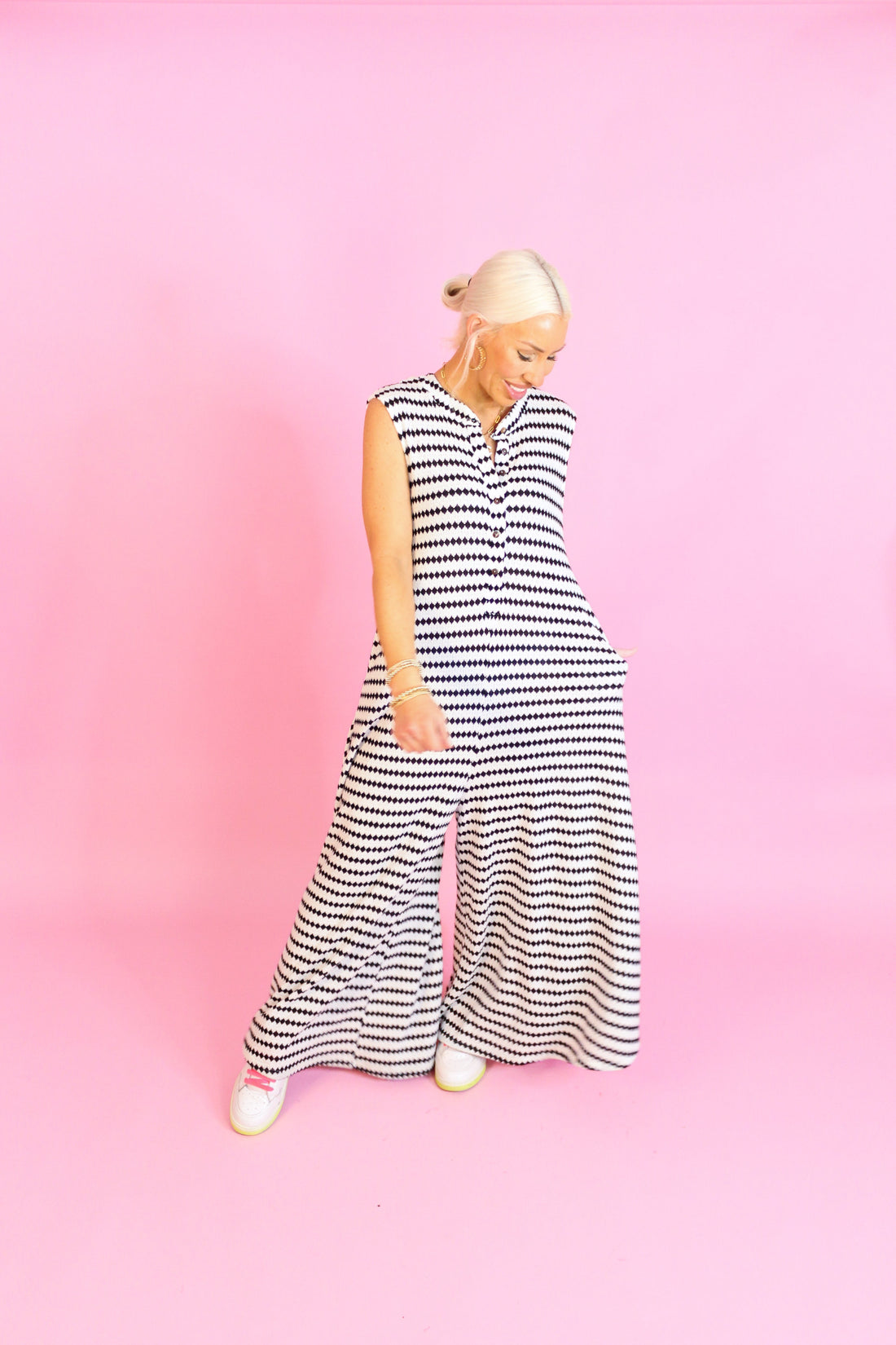 White and Black Striped Knit Wide Leg Jumpsuit
