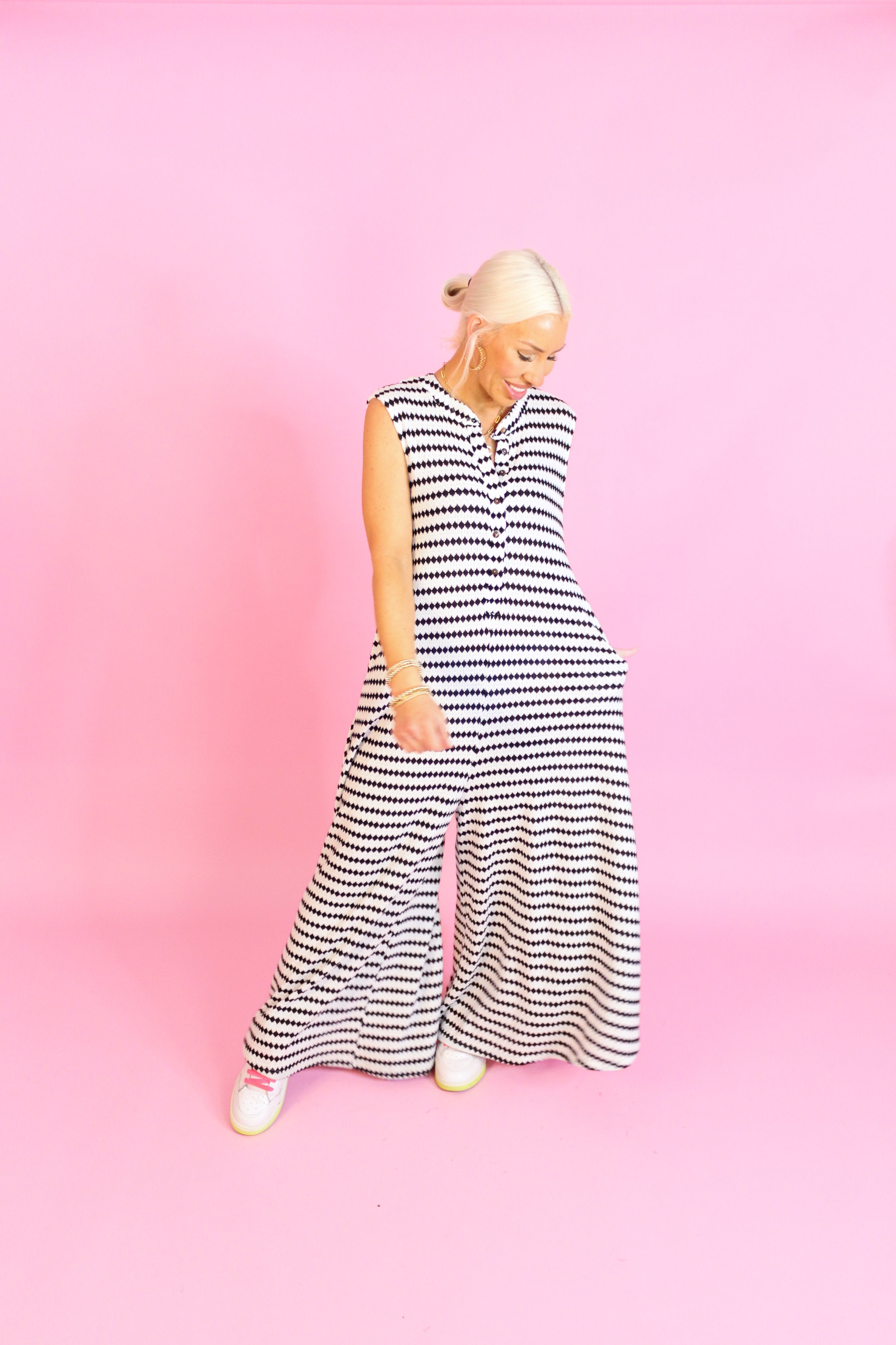 White and Black Striped Knit Wide Leg Jumpsuit
