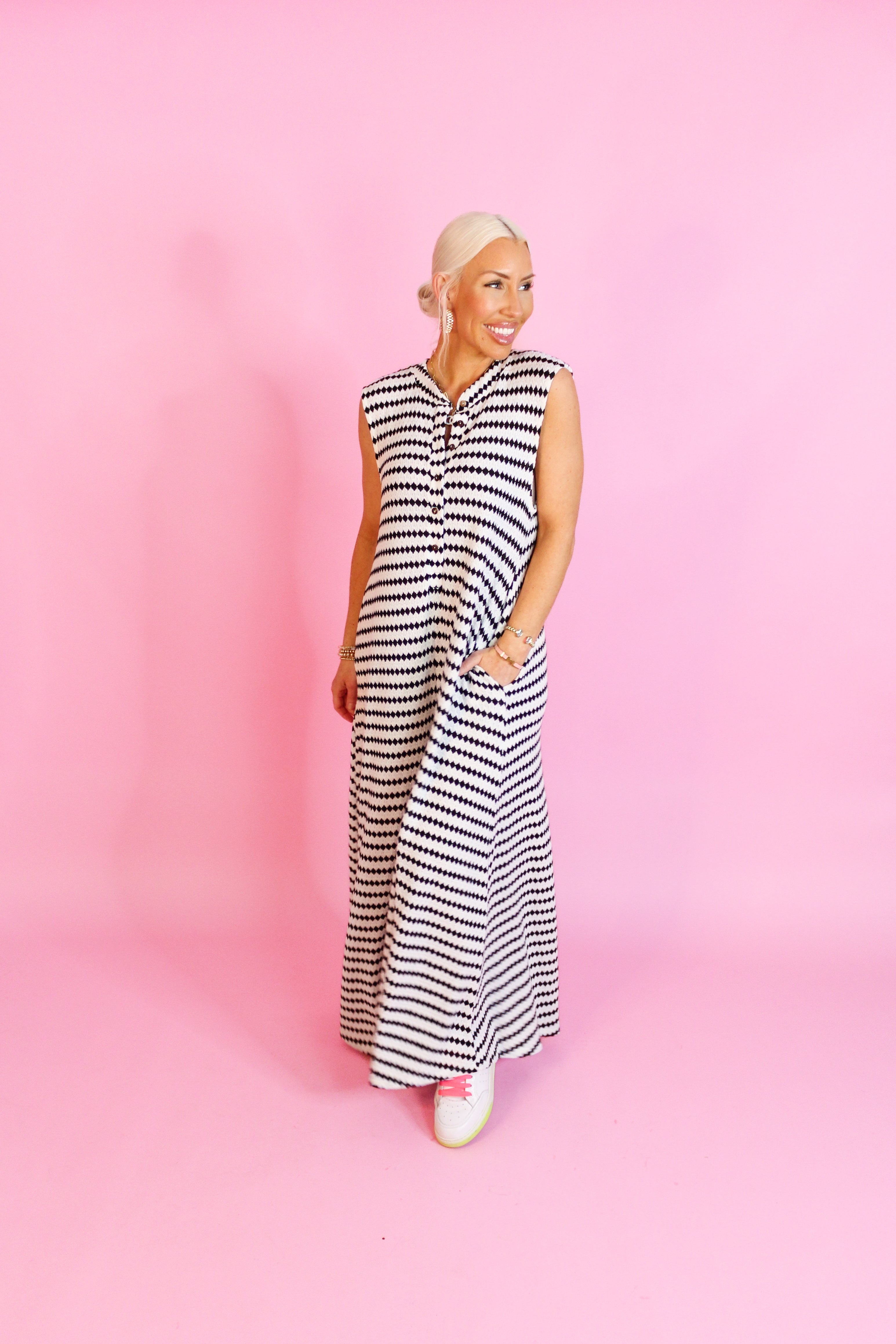 White and Black Striped Knit Wide Leg Jumpsuit