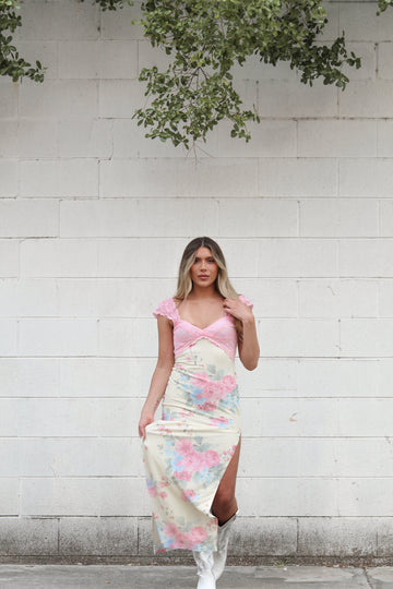 Yellow Floral Pink Lace Detail Slit Maxi Dress