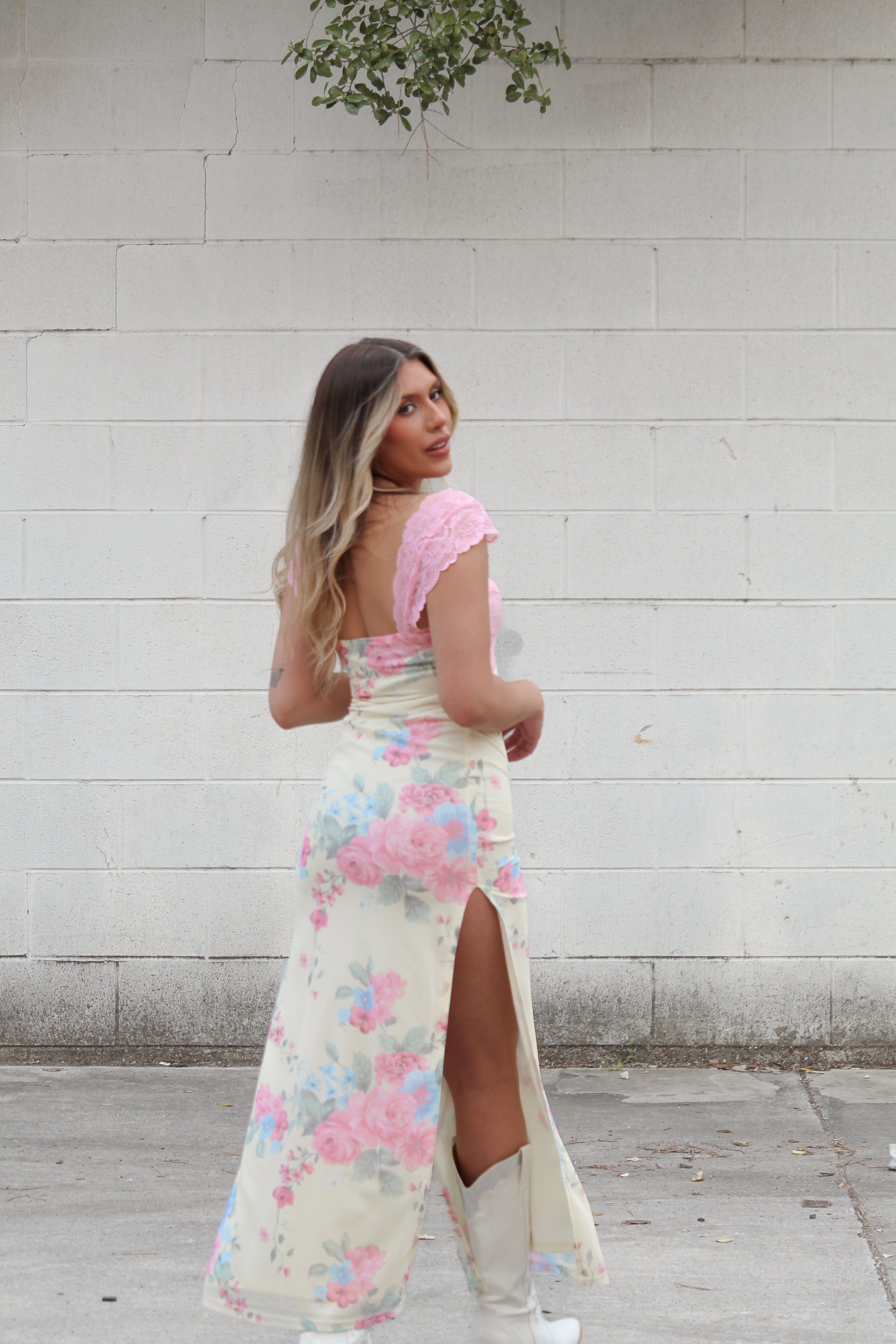Yellow Floral Pink Lace Detail Slit Maxi Dress