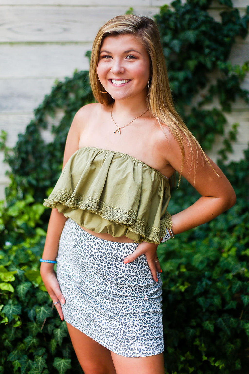Olive Fringe Tube Top