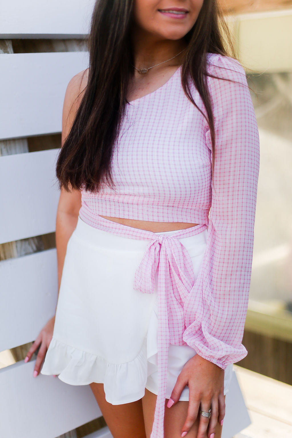 Pink Plaid One Shoulder Side Tie Top