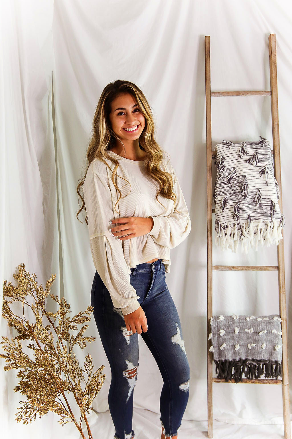 Oatmeal Long Sleeve High Low Waffle Top